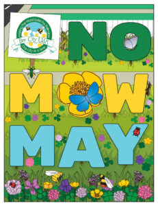 Illustration of grass and flowers with a 'No MOW May' sign