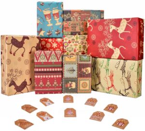 Recycled paper wrapping with nine holiday designs in a reusable paper bag with gift tag.