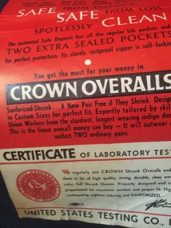 Vintage Union-made Crown overalls deadstock label.